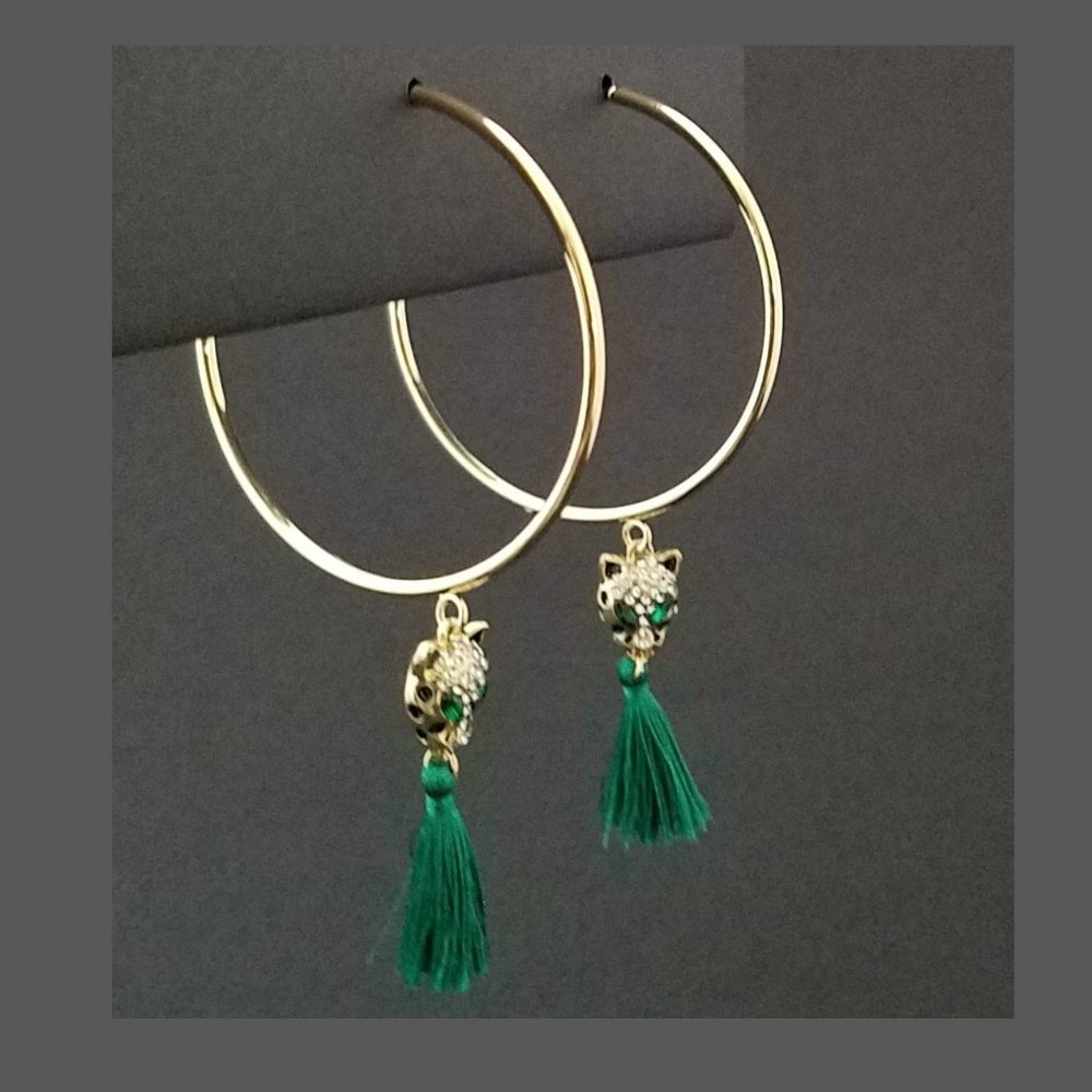 Thalia Sodi  Leopard Head and Tassle HOOP EARRINGS
